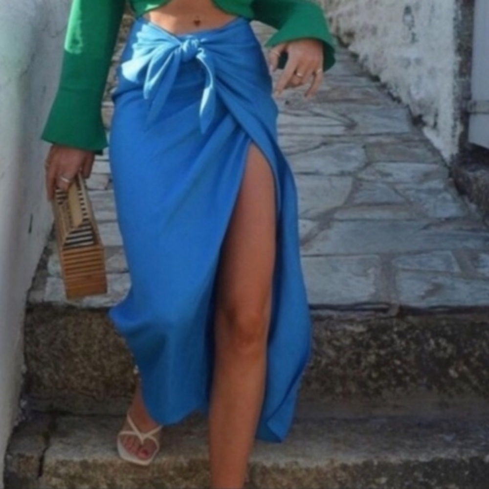 Zara blue pareo knot tie skirt zip side Sz S